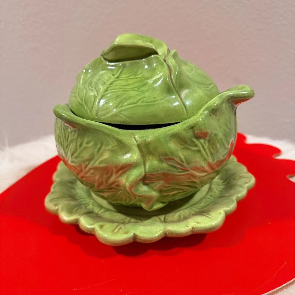 Holland Mold Cabbage Vegetable Covered Dish with Saucer‎ Green Ceramic